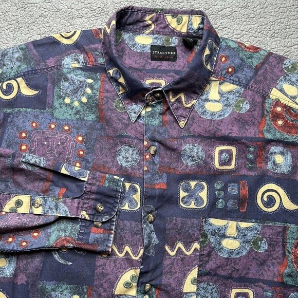 Vintage Structure Shirt Mens Extra Large Aztec Tribal Mask Geometric Artsy 90s - Picture 1 of 12